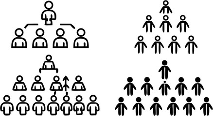Illustration of different organizational structures with hierarchical arrangements of stick figures shown | editable eps vectors
