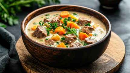 Creamy reindeer stew with root vegetables and parsley in wooden bowl, garnished beautifully