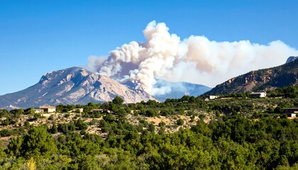 Dramatic wildfire burning near mountains and residential area under a clear blue sky