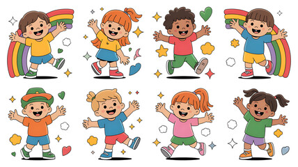 Diverse Group of Cheerful Cartoon Children Playing and Smiling Surrounded by Sparkles and Happy Emblems Depicting Joyful Childhood