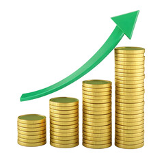 Photo of stacks of gold coins arranged in an upward trend graph with a green arrow indicating financial growth and success, isolated on a transparent background