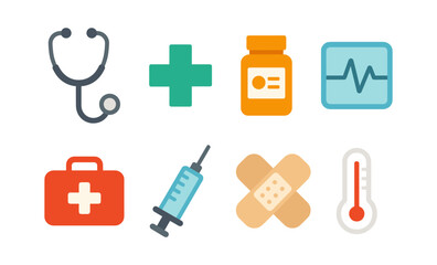 Medical icons set: stethoscope, medication, and health symbols in flat design