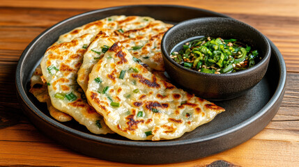 Crispy green onion pancakes served with flavorful soy dipping sauce, perfect for sharing