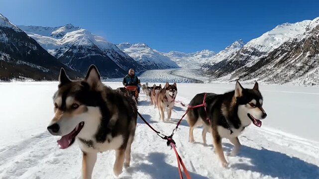 Thrilling Dog Sledding Adventure with Husky Dogs on a Snowy Mountain Glacier in Alaska under a Clear Blue Sky an Epic Winter Expedition and Travel Experience