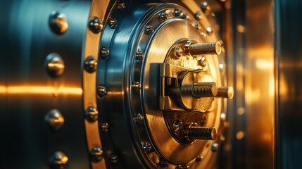 a close-up of a reliable locking mechanism for a bank vault door. Close-up of a heavy steel bank vault door with an advanced locking mechanism and industrial bolts for reliable financial protection