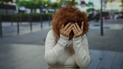 Woman with curly hair wearing glasses in city street covers face in playful moment expressing happiness and surprise with a background of urban scenery blurred behind her.
