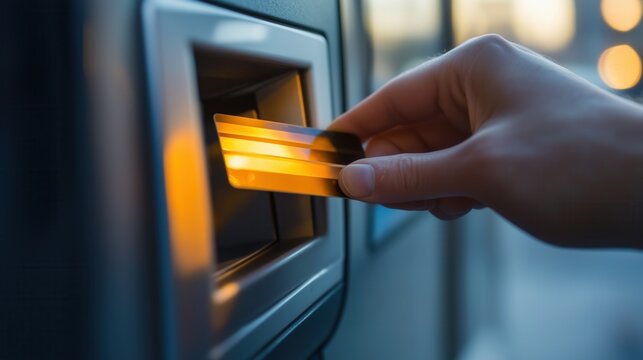 The hand inserting the credit card into the ATM reflects a golden light reflecting banking operations, cash withdrawals, and secure financial technology.