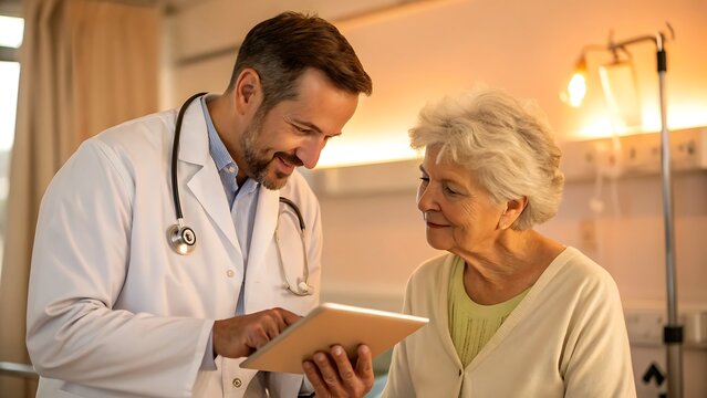 Doctor showing tablet to senior patient in hospital room during consultation and explaining diagnosis