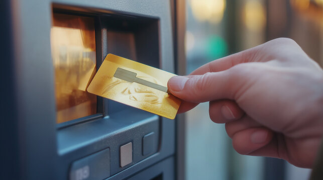 a person inserting a gold credit card into an ATM.A person inserting a gold credit card into an ATM represents a modern banking system, secure transactions, and financial technology.