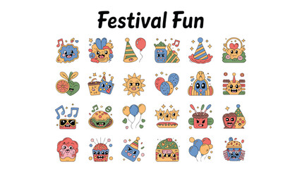 Fototapeta premium Fun and playful festival themed doodle sticker sheet perfect for event promotions and creative design projects vibrant cartoon illustrations and designs