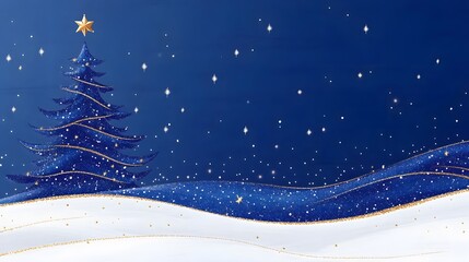 Decorative snowy landscape with a sparkling blue Christmas tree and twinkling stars at night