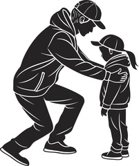 Adult comforting child wearing caps and hoodies hugging family