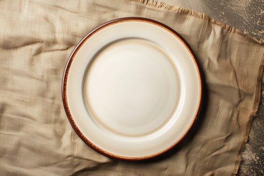 sharp picture of Empty generic white pottery plate or disg with narrow brown rim