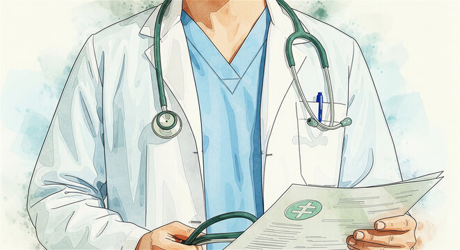 Watercolor painting of a doctor's bust with a stethoscope and paper