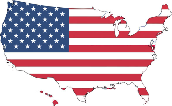 United states map overlaid with the american flag featuring red and white stripes and white stars on blue