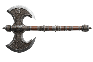 Ornate fantasy battle axe with intricate details isolated on transparent background