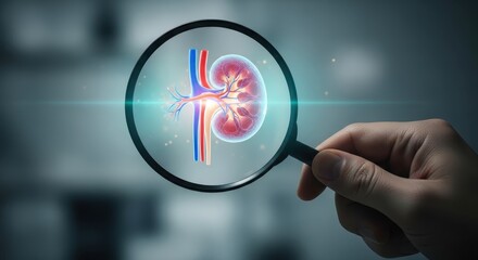 Medical concept of kidney diagnosis and research using a magnifying glass on a hologram.