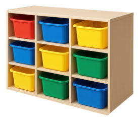 Wooden storage unit with nine colorful plastic bins in red, yellow, blue, and green on transparent background.