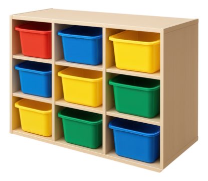 Wooden storage unit with nine colorful plastic bins in red, yellow, blue, and green on transparent background.