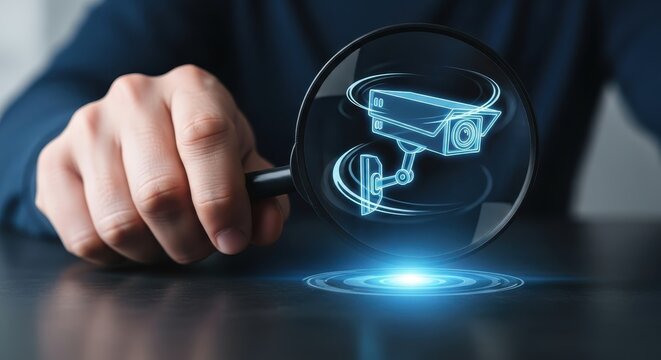 Business professional analyzing a holographic security camera icon for digital surveillance analysis
