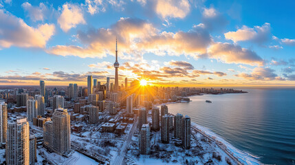 Obraz premium Stunning city skyline with sunset over water, showcasing modern architecture and winter scenery