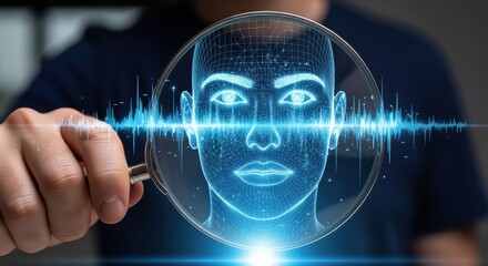Man with a magnifying glass analyzing a holographic AI face for biometric data security.