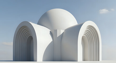 Architectural rendering featuring white arches and a dome against a clear blue sky background view