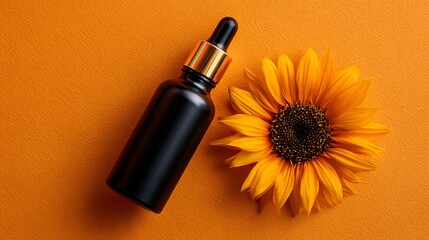 Luxury skincare serum bottle with golden details and a vibrant sunflower representing natural ingredients and beauty essentials