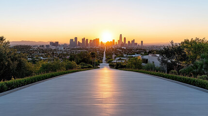 Obraz premium Sunset over urban skyline with warm glow illuminating cityscape and surrounding greenery