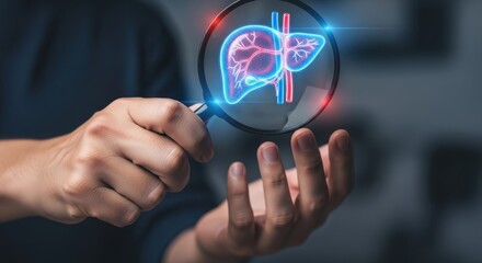 Medical Magnification Hand Holding Magnifying Glass Over Holographic Liver with Blood Vessel Details
