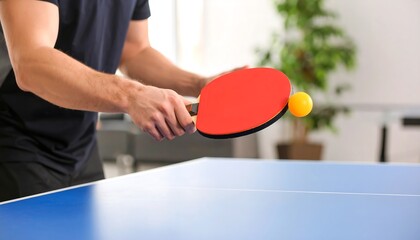 Dynamic shot of a table tennis game in progress, showing paddle striking ball and gameplay