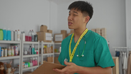 Young man wearing medical scrubs and volunteer badge with clipboard in charity donation center surrounded by boxes and supplies.