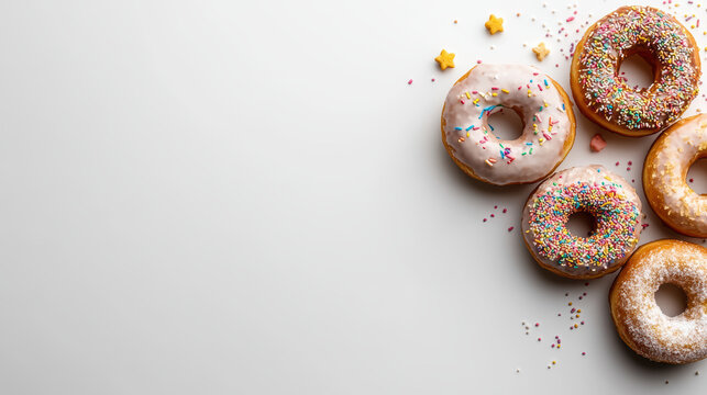 Delicious donuts with colorful glaze and sprinkles on light background evoke joy and sweetness