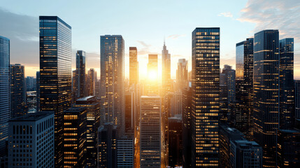 Obraz premium Stunning skyline view with skyscrapers glowing under sunset light, creating vibrant atmosphere