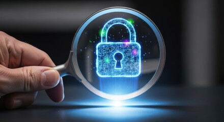Cyber Security Concept Magnifying Glass Reveals Glowing Digital Padlock Hologram