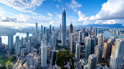 Aerial view of modern skyscrapers with reflections water, showcasing urban landscape and vibrant