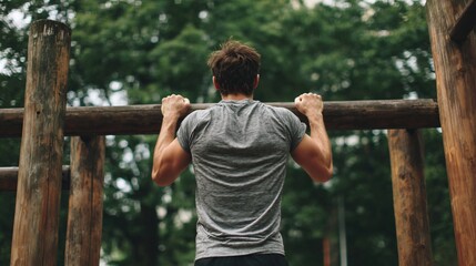 Man doing pull-ups on outdoor wooden bars in park, back view