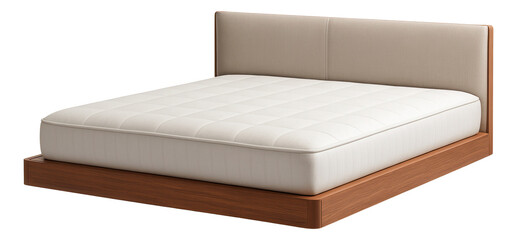 Modern wooden bed with a padded headboard and a thick, quilted mattress on transparent background.