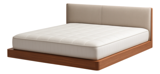 Modern wooden bed with a padded headboard and a thick, quilted mattress on transparent background.