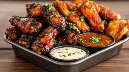 Fototapeta premium Crispy chicken wings stacked high in metal basket, served with dipping sauces