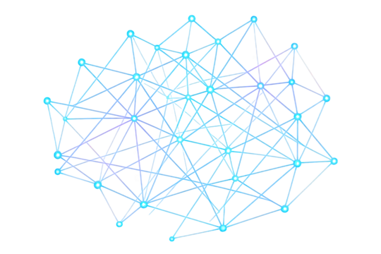 Abstract interconnected geometric network structure with glowing nodes and lines, representing data connections and digital concepts.