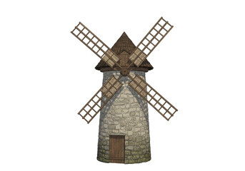 Traditional Windmill with Stone Base and Wooden Blades – Minimalist Line Art
