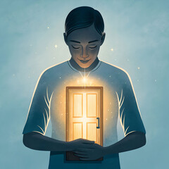 person holding a glowing door inside their chest