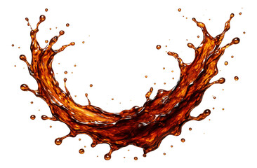 Dynamic splash of cola liquid with droplets in motion, creating an energetic and lively pattern on transparent background.