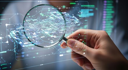 Inspecting a complex AI neural network data flow with a magnifying glass on a hologram