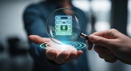 Inspecting digital server security with a magnifying glass over a holographic database icon.