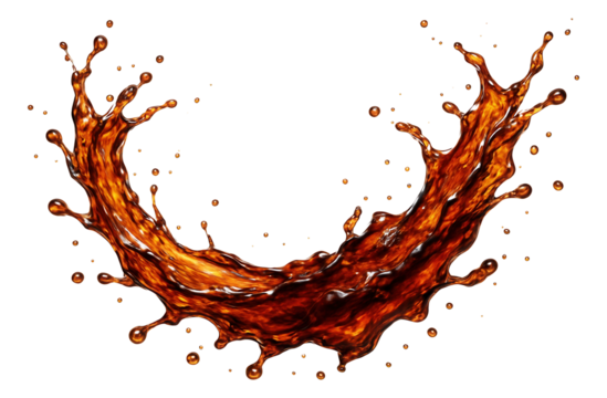 Dynamic splash of cola liquid with droplets in motion, creating an energetic and lively pattern on transparent background.