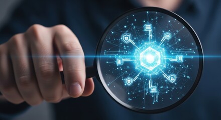 Examining a secure digital network node with a magnifying glass for data analysis.