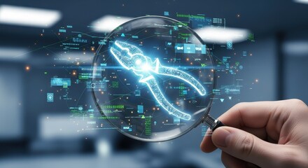 A hand with a magnifying glass inspecting a glowing digital pliers icon for technical analysis.