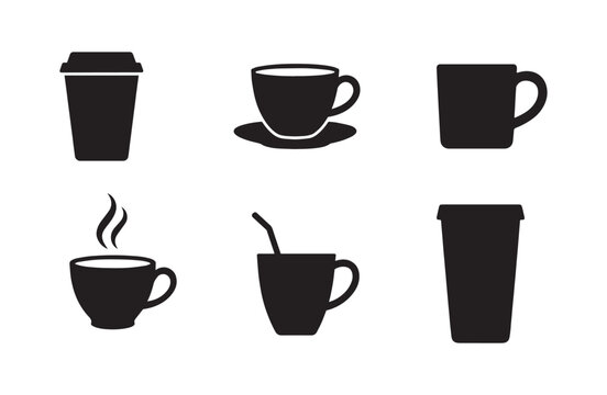 set of coffee cups silhouette design, tea mug disposable bevarage sign 